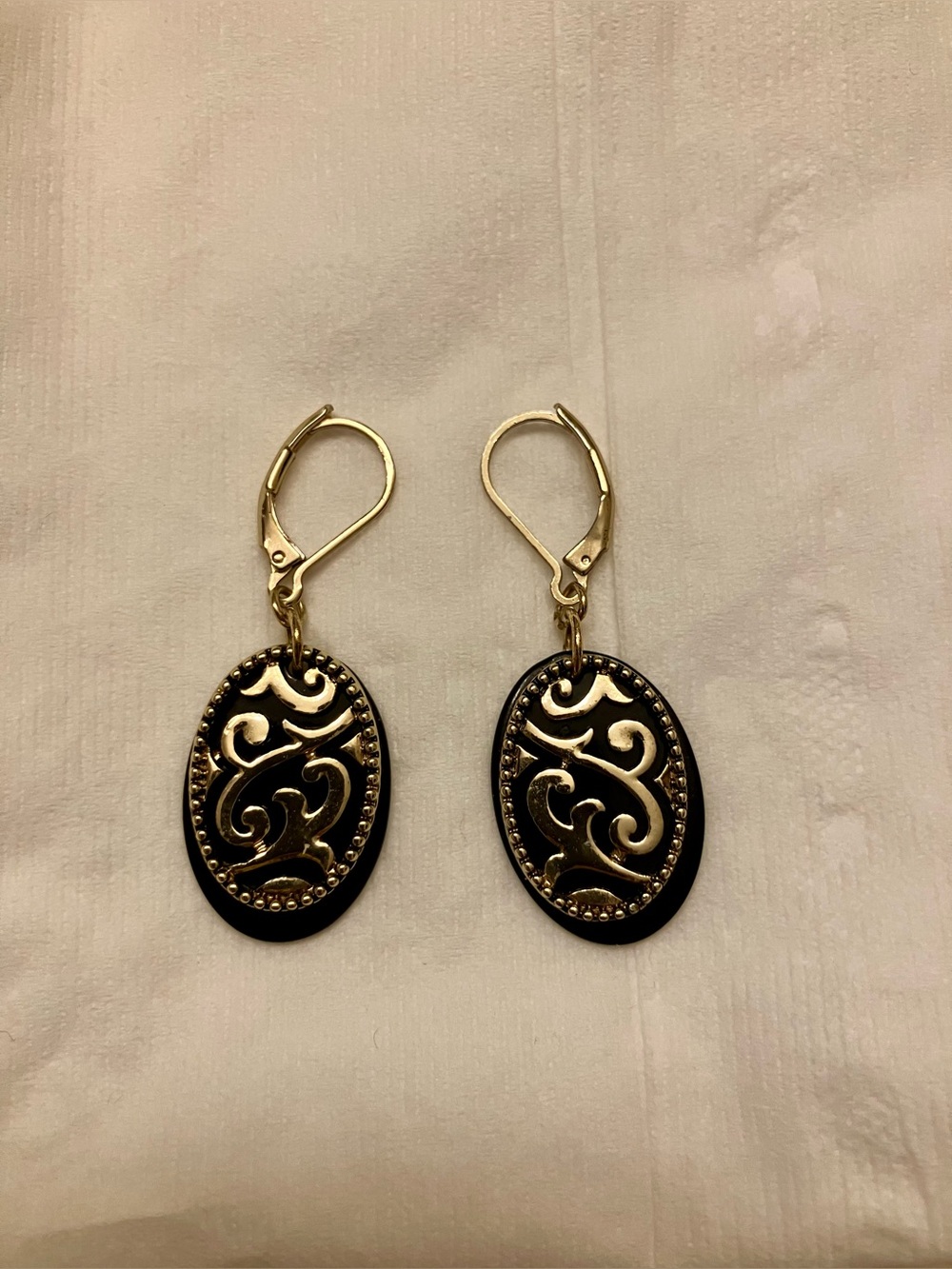 Gold and Black Filigree Oval Drop Earrings